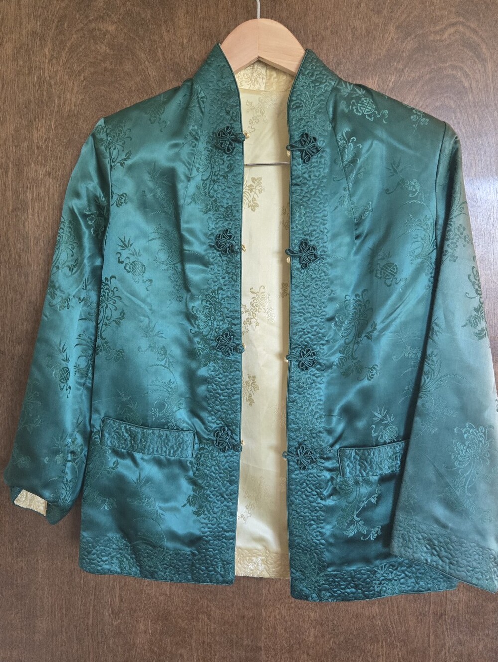 Vintage Reversible Emerald Green & Gold Brocade Satin Mandarin Collar Jacket